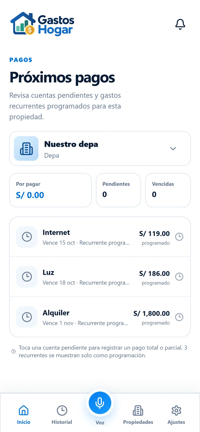 Pantalla real de Próximos pagos: Internet S/ 119 vence 15 oct, Luz S/ 186 vence 18 oct, Alquiler S/ 1,800 vence 1 nov