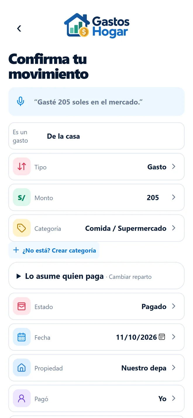 Pantalla real de confirmación: gasto de la casa, S/ 205, Comida / Supermercado, pagado
